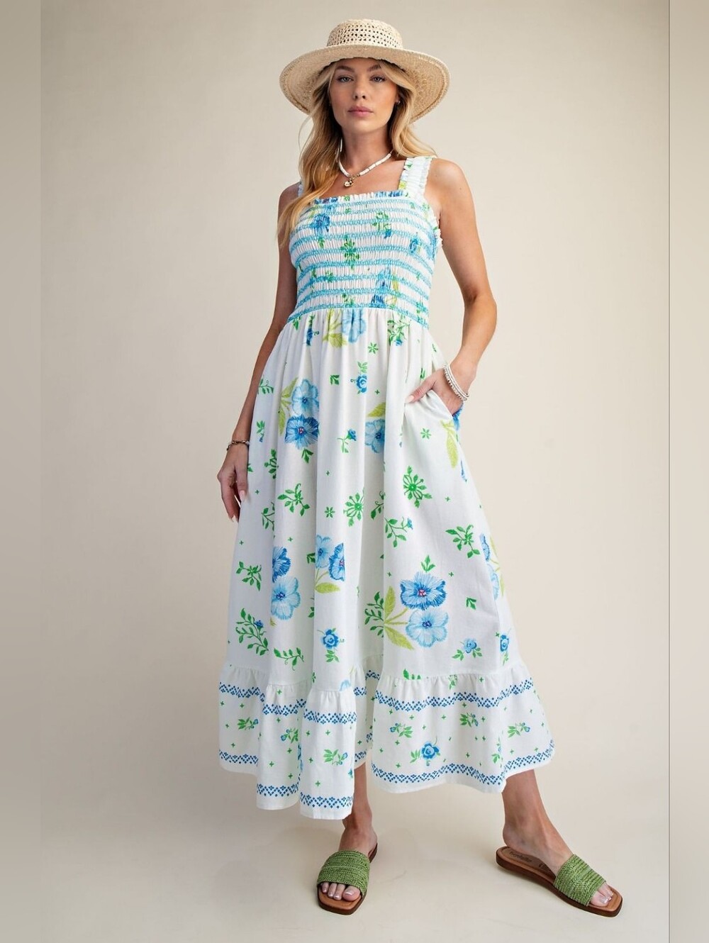 1-0706 Smocked Floral Maxi Dress - White with Blue & Green Floral Print